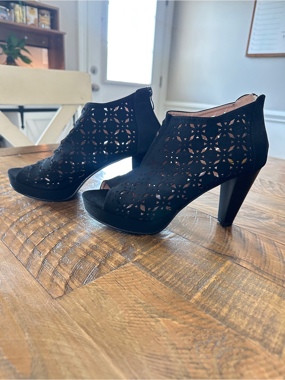 Classic Black Laser-Cut Peep-Toe Heels